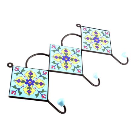Turquoise Navy Blue Tiny Flower Ceramic Tiles Hooks